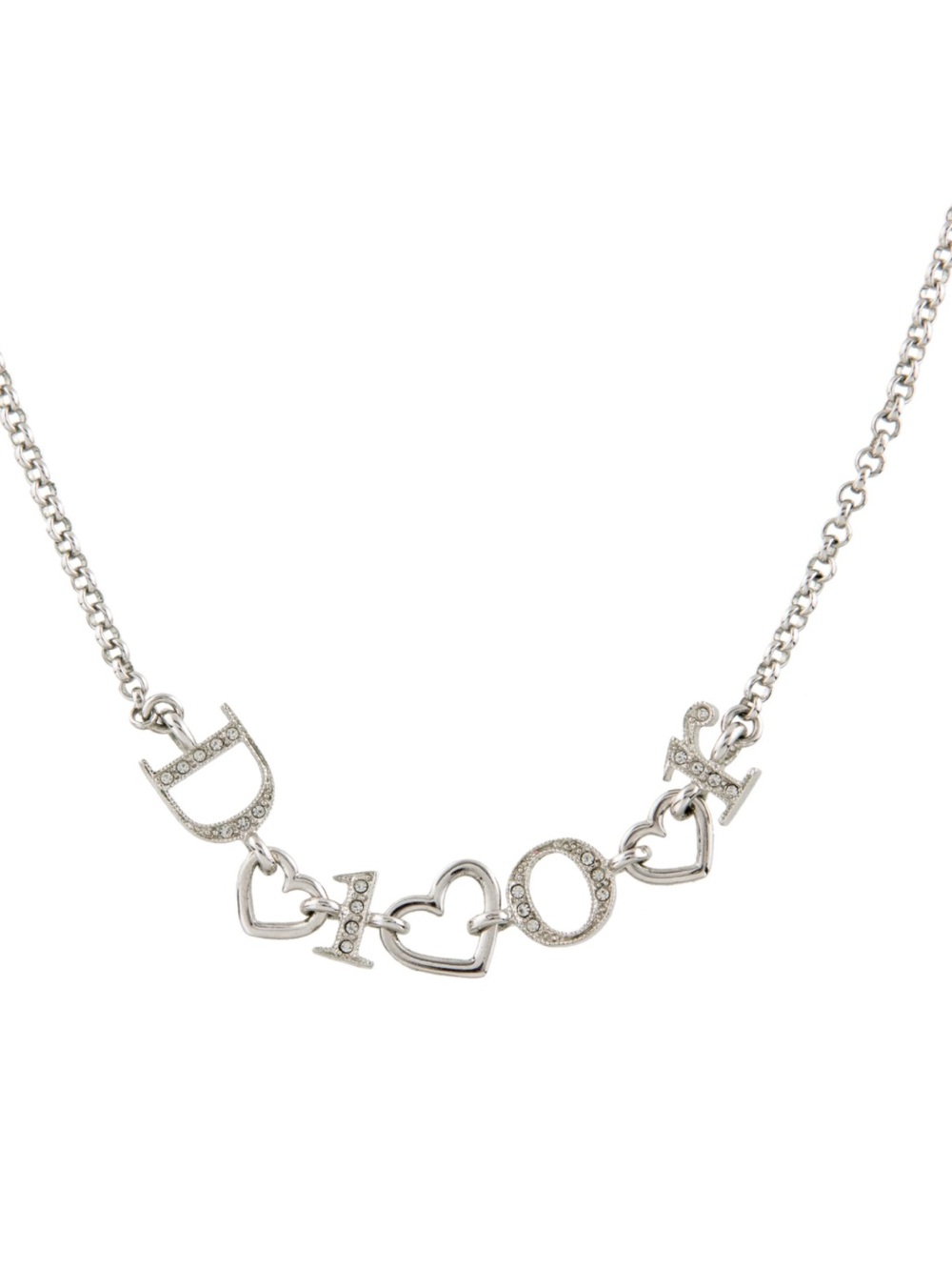 Silver Tone 'D I♥O♥R' Letter & Heart Pendant Necklace